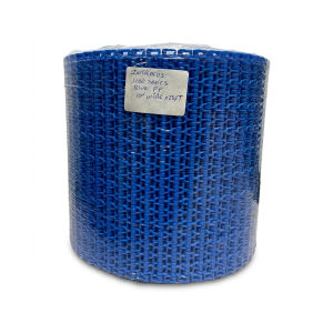 Industrial roll of Intralox 1100 Series Blue Polypropylene (PP) modular conveyor belt, 10 inches wide by 25 feet long, wrapped in protective plastic.